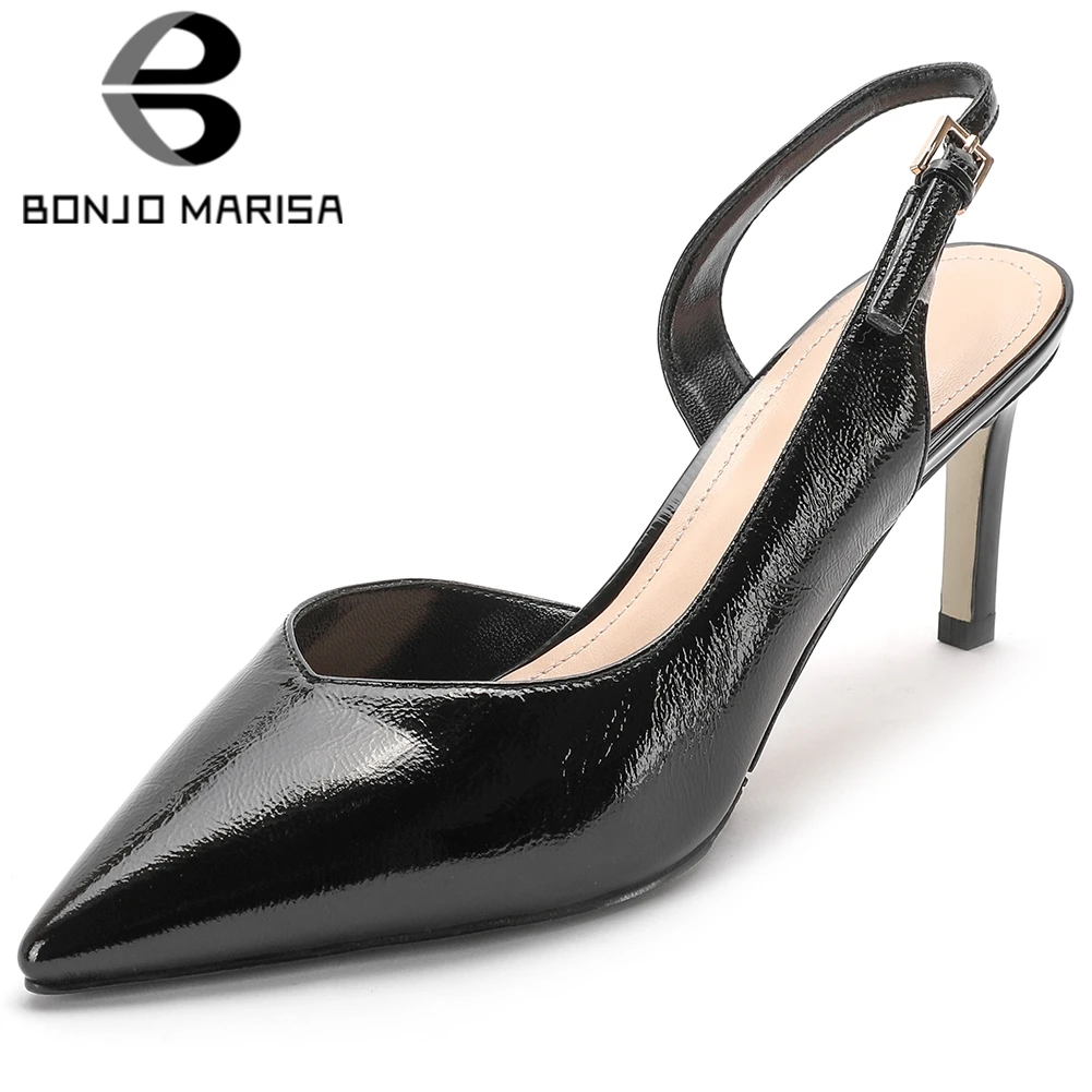 

BONJOMARISA New Ladies Sexy Pointed Toe Sandals Fashion Party Patent Genuine Leather Sandals Women High Thin Heel Shoes Woman