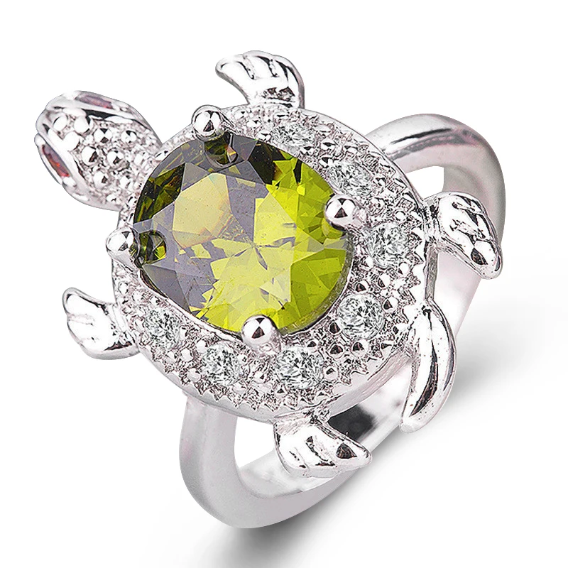 Female Cute Dainty Small Turtle Ring Boho Silver Color Wedding Olive Green Zircon Oval Stone Rings For Women Animal Jewelry | Украшения и