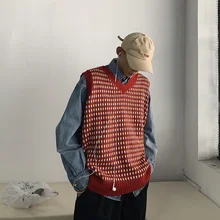 Зимний свитер жилет мужской теплый модный Повседневный свитер с v-образным вырезом пуловер Мужской уличная дикий свободный клетчатый свитер Мужская одежда