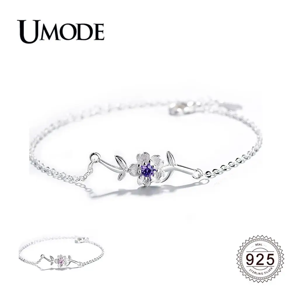 UMODE, новинка, 925 пробы, серебряный, фиолетовый, розовый, циркон, Сакура, цветок, браслеты для женщин, звено цепи, регулируемые ювелирные изделия, ALB0135