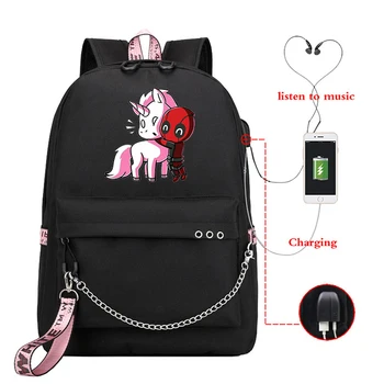 

Deadpool High School Bag Knapsack Female Backpacks USB Charging Women Back Pack Girl's Kawaii Casual Bookbag Polyester Backpack