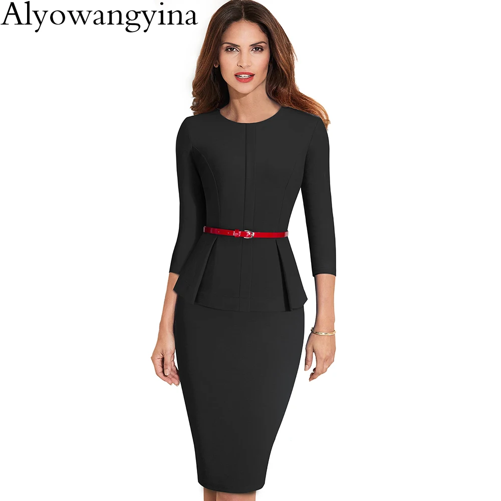 Alyowangyina, женское однотонное ретро платье с отворотом, поясом, баской, Vestidos, деловые, вечерние, бодикон, для офиса, карьера, женское платье, B473