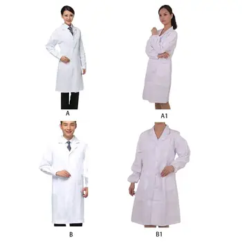

Women Men Professional Medical White Lab Coat Doctor Nurse Long Sleeve Suit Collar Uniform Workwear with Button Elastic Cuff