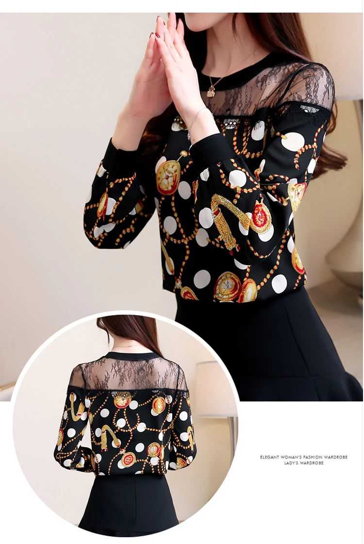 Женские топы и блузки blusas mujer de moda шифоновая кружевная рубашка с длинным рукавом и круглым вырезом Женская одежда женские рубашки 5953 50