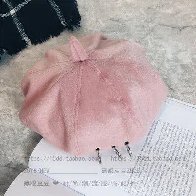 Корейский стиль стиль Ulzzang крутое кольцо художника Кепка железный обруч берет Женская осень и зима ретро Британский корейский стиль - Цвет: Pink