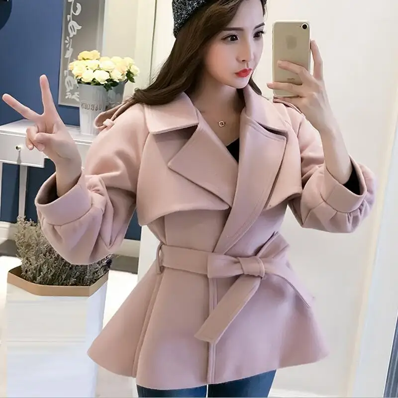 pink Зимнее женское приталенное элегантное шерстяное пальто с отложным воротником, женское короткое пальто из смешанной ткани с рукавами-фонариками - Цвет: pink