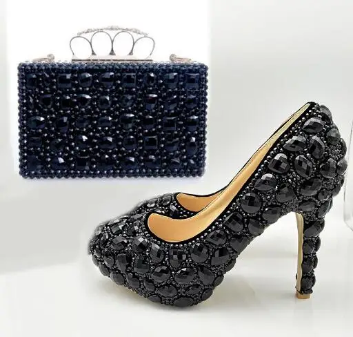 11cm shoe with bag Роскошные черные свадебные туфли с украшением в виде кристаллов и сумочки в комплекте; модная женская обувь со стразами; женская обувь на платформе и высоком каблуке; большие размеры - Цвет: 11cm shoe with bag