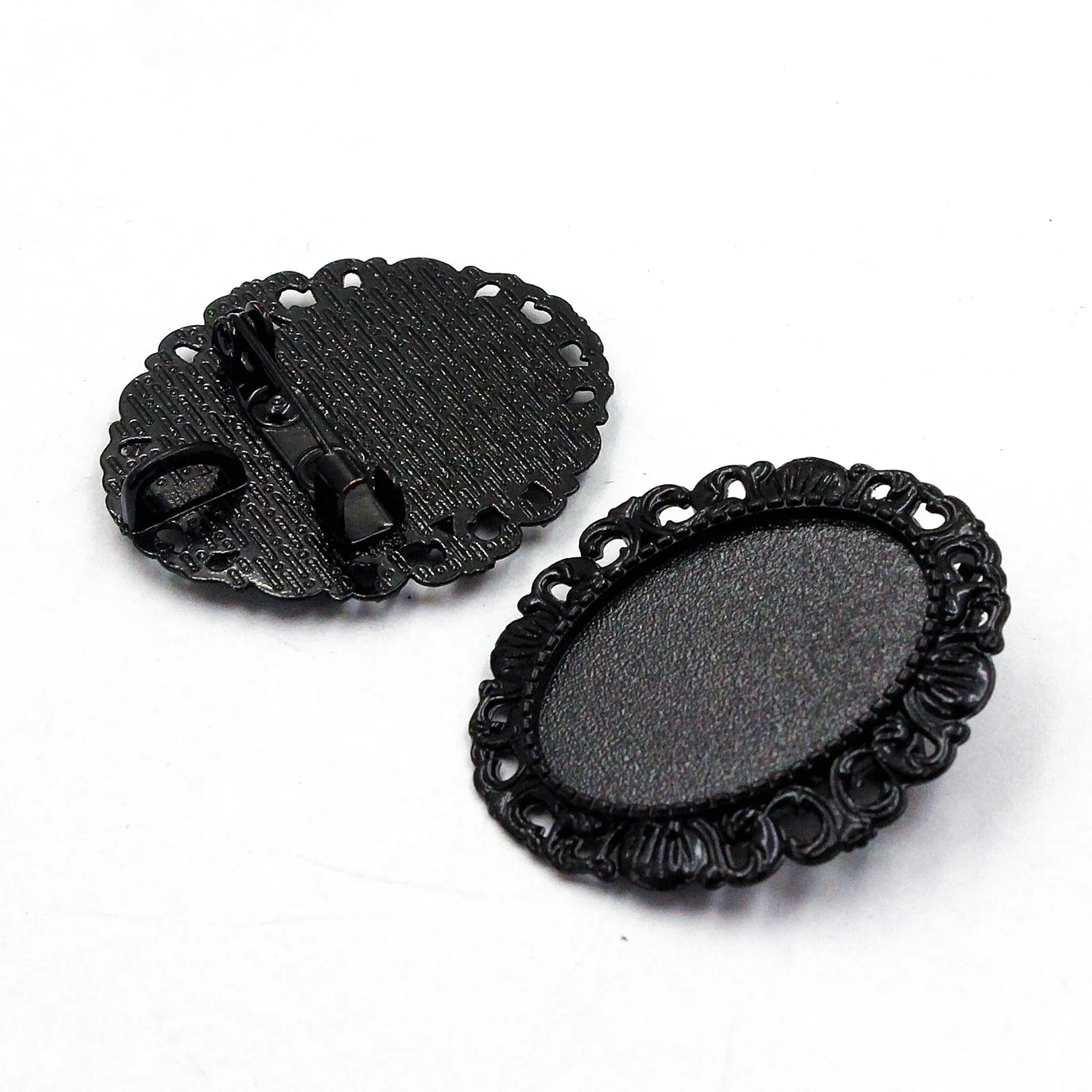 Fit 18x25mm Vintage Oval Cabochons Pattern Glass Black Blank Setting Bezel Base Brooch Settings For DIY Making 5pcs K06235