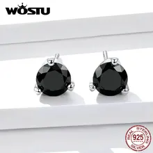 WOSTU, натуральная 925 пробы, серебряные, черные, циркониевые круглые серьги-гвоздики для женщин, винтажные маленькие серьги, модное ювелирное изделие, FIE735