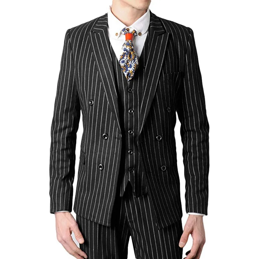 Double Breasted Groomsmen Black/Grey/Navy with White Stripes Groom Tuxedos Peak Lapel Men Suits ( Jacket+Pants+Vest+Tie ) C814 Double Breasted Groomsmen Black/Grey/Navy with White Stripes Groom Tuxedos Peak Lapel Men Suits ( Jacket+Pants+Vest+Tie ) C814