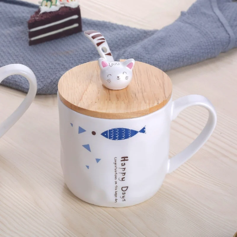 Модная кошка и рыба группа марка керамическая чашка мультфильм с ложкой с крышкой для завтрака кружка для молока дома посуда для напитков