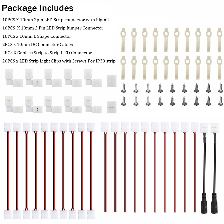 Kit Accessori Cavo Connettore 2Pin 10Mm 54 Pezzi Per 5050 5630 5054 10Mm Larghezza Pcb Striscia Singola Led