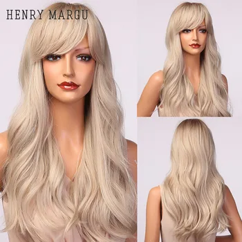 

HENRY MARGU Long Wavy Womens Wigs Ombre Brown Platinum/White Wig with Side Bangs Cosplay Synthetic Wig Heat Resistant for Women