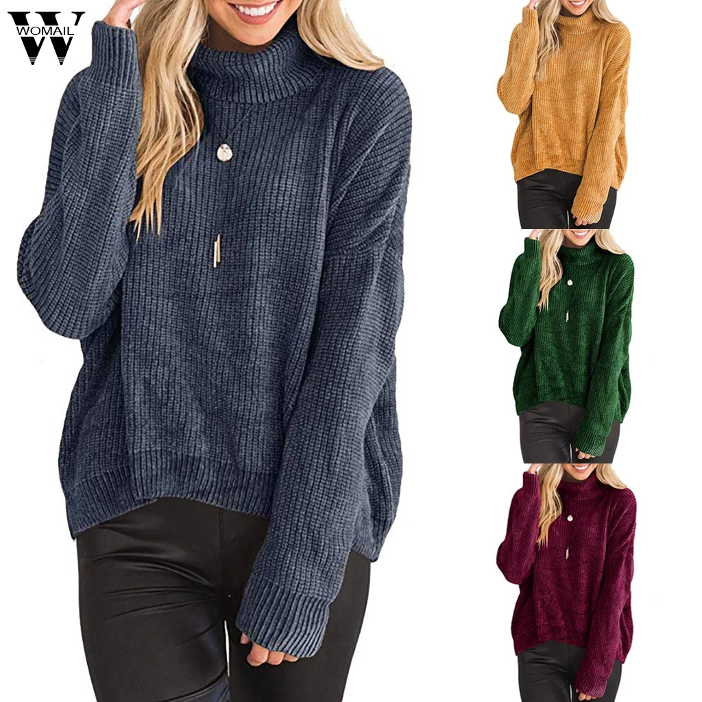 Womail вязаный зимний женский свитер теплый свитер Повседневный однотонный нерегулярный женский длинный рукав свободный Водолазка пуловер