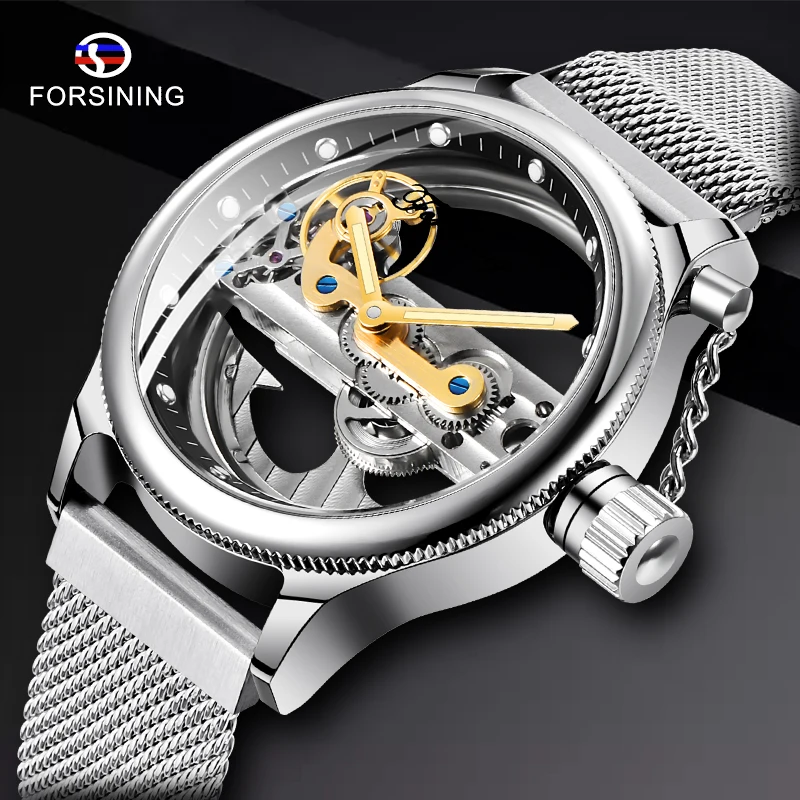 Forsining, ажурные, серебристые, сетчатые, нержавеющая сталь, ремешок, скелет, мужские часы, светящийся дизайн, мужские часы, автоматические, модные, наручные часы