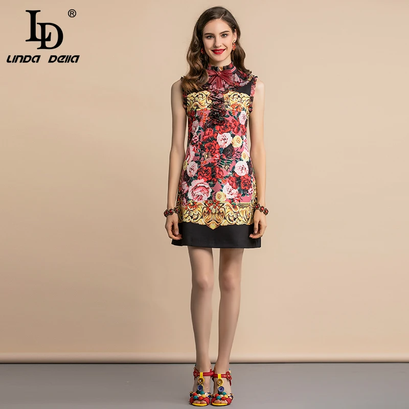 Kaufen LD LINDA DELLA Herbst Fashion Runway Vintage Kleid frauen Ärmelloses Blumen Druck Spitze Rüschen Kristall Perlen Kurze Kleider