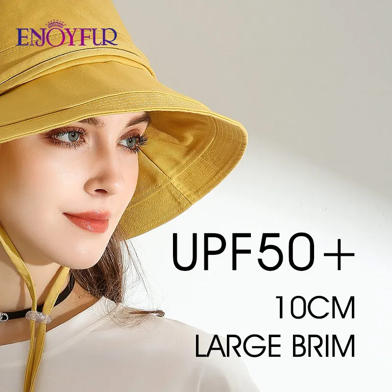 ENJOYFUR Women Cotton Summer Sun Hats Wide Brim Foldable Fashion Beach Hat Adjustable Lace-up UV Sun protection Female Cap New