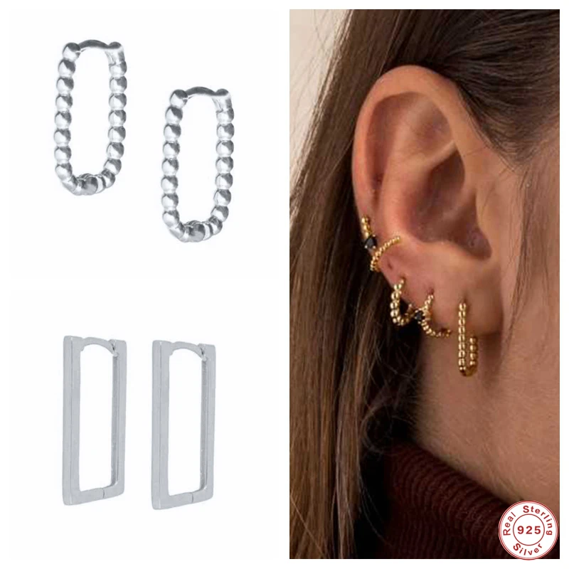 GS 925 Sterling Silver Minimalist Square Rectangle Gold Hoop Earrings For Women Chic Geometric Beads Huggie Earring Jewelry | Украшения и