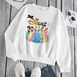 Princesa da disney bonito impressão das mulheres camisolas primavera outono manga longa o pescoço hoodies senhoras pullovers topos roupas femininas