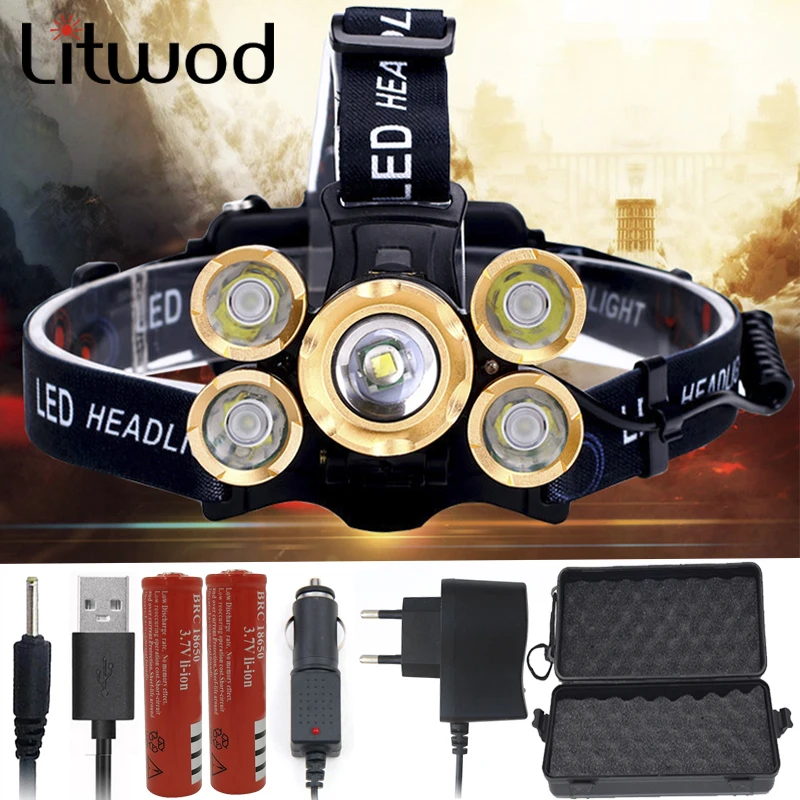 Litwod 5 светодиодный T6 + 2R5 самая мощная фара 8000LM масштабируемый головной светильник