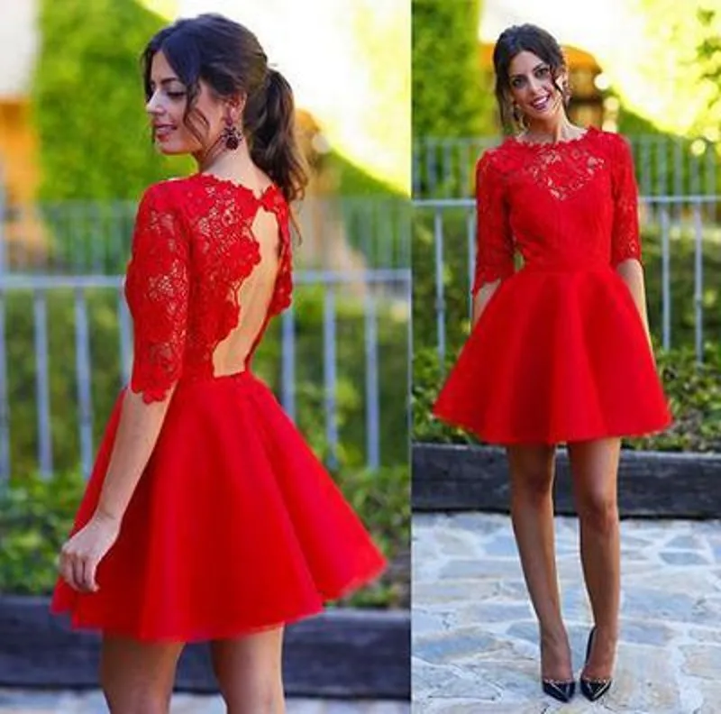 

New Cheap Mini Short Homecoming Dresses Red A-Line Lace Half Sleeve Short Prom Formal Cocktail Party Dresses robe de soriee