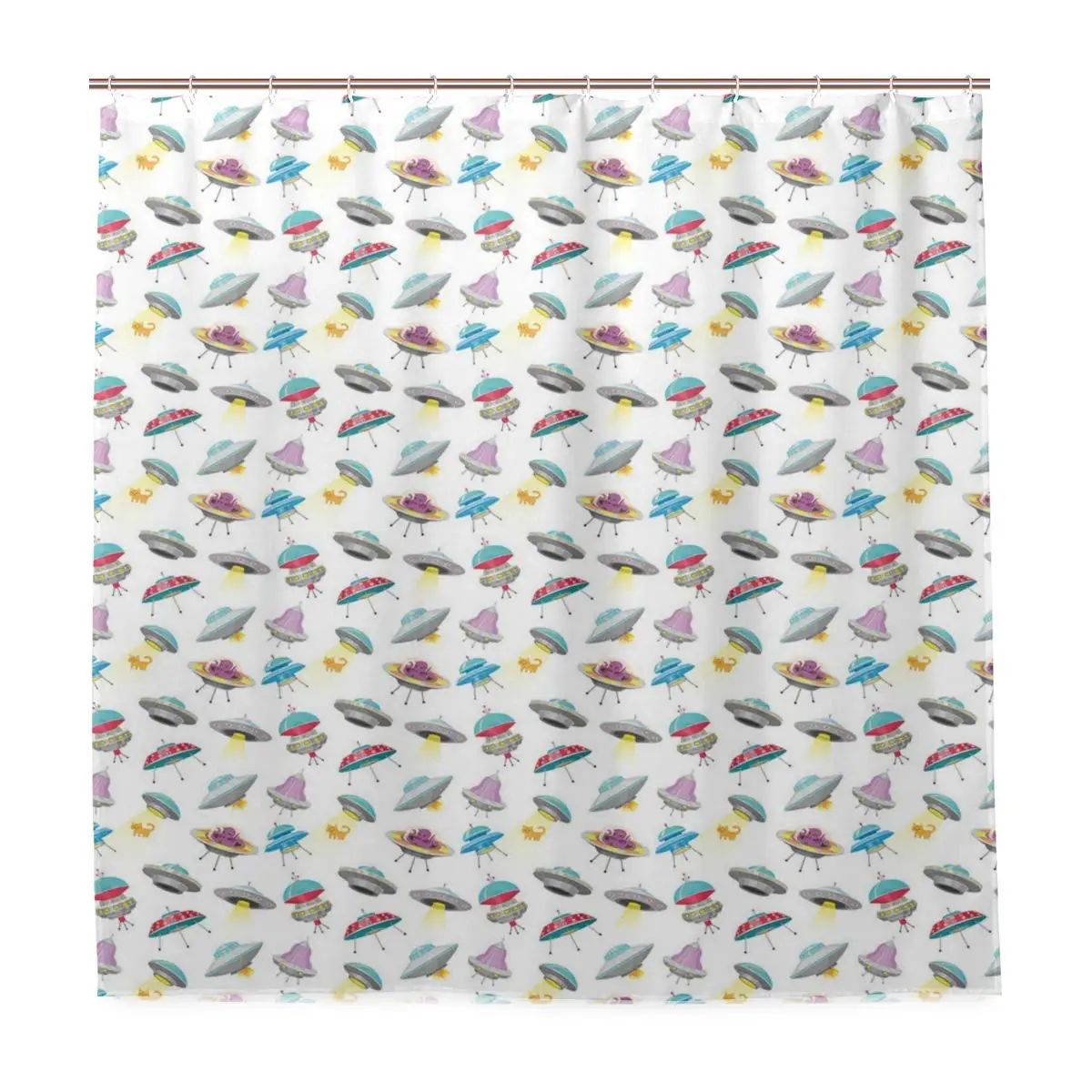 

Shower Curtain, Repetitive and Colorful Flying Objects of The Cosmic World Universal Fantastic Icons Customized Bathroom Shower