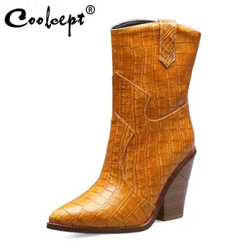 

Coolcept Half Short Boots Women European British Style Winter High Heel Boots Pointed Toe Fall Warm Brand Shoes Women Size 34-44