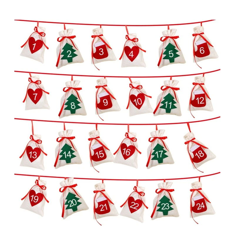 Cotton Christmas Advent Calendar Garland 24pcs 11x16cm Hanging Advent Calendar Gift Bags New Year Family Calendar