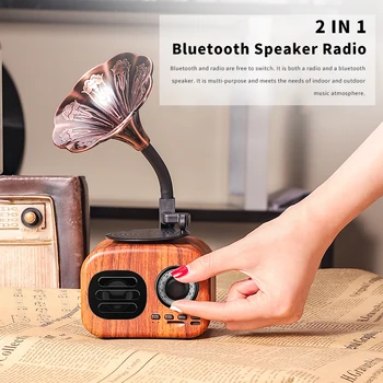 

Retro Horn 2 IN 1 Speaker Radio Portable Wireless Bluetooth Speakers Wood Color FM Radio Outdoor HD Music Sound Support TF Card