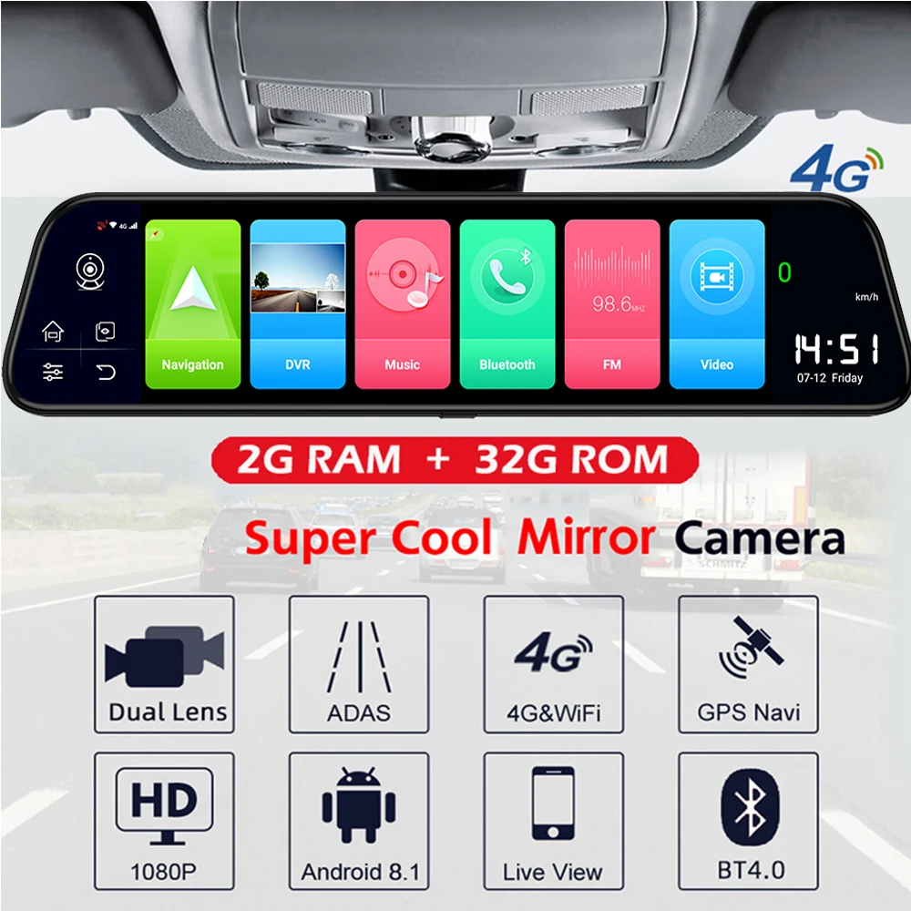 

12" 4G Android 8.1 Car Rearview Mirror Dash Cam FHD 1080P GPS Navigation Car Rear View Mirror WiFi Video Recorder ADAS DVR