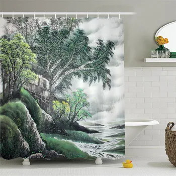 

Waterproof shower curtain polyester thickened free perforated shower curtain mountain loft Chinese style hanging shower curtain