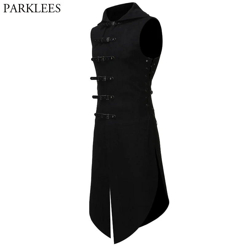 Skup Męskie Gothic kamizelka, wiktoriański, Steampunk Cosplay mężczyźni kamizelka guzik skórzany Hem Split długie kamizelki mężczyźni renesansu Halloween mężczyzna kamizelka