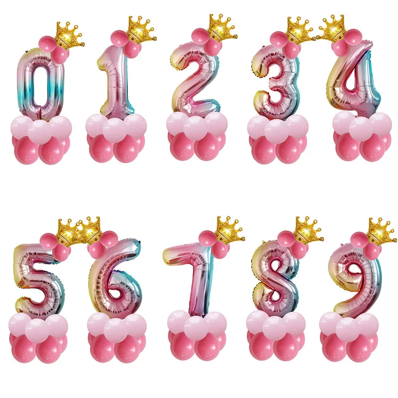 1 Набор 32 дюймов радужные фольгированные цифры воздушные шары с короной юбилейные вечерние шары из латекса декор для детей день рождения стоящий воздушный шар поставка