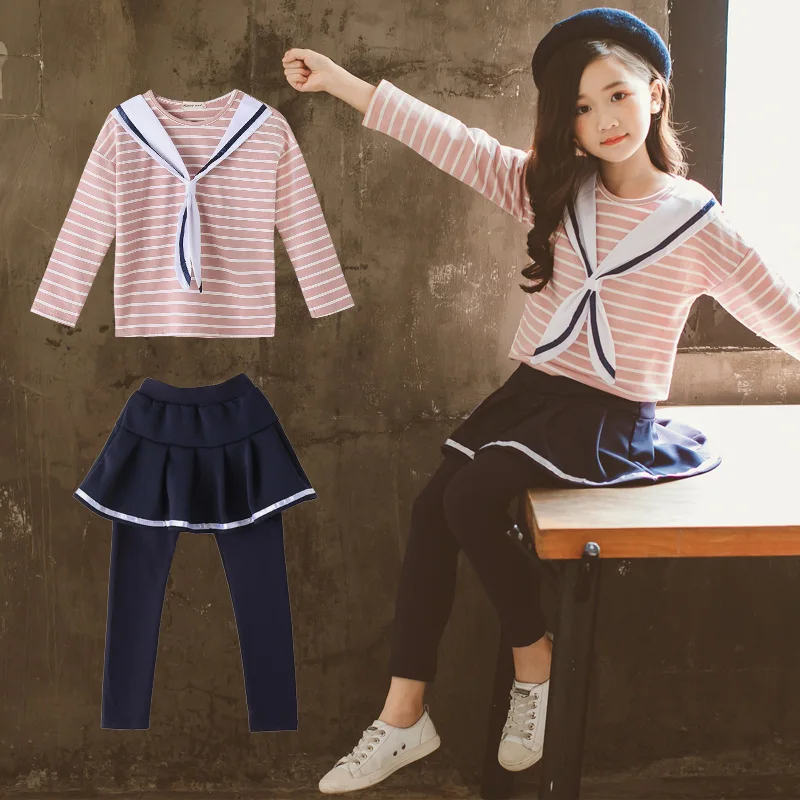 

Childrenswear GIRL'S Suit Children Big Boy Korean-style Spring And Autumn New Style Navy Style Stripes Two-Piece Set GIRL'S Spor