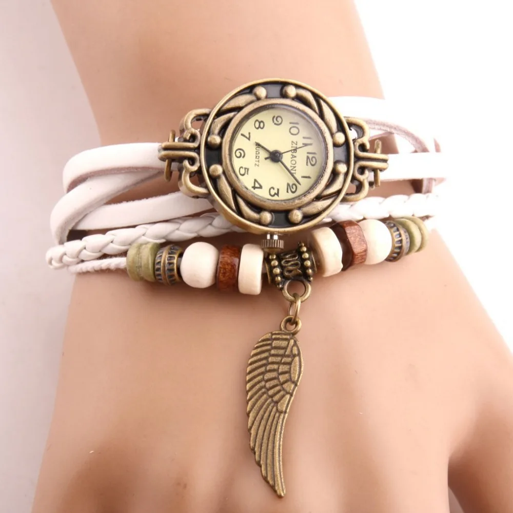 Relojes Vintage de imitación de cuero para mujer, reloj de pulsera informal con cuentas de madera y escultura de ala, femenino - Imagen 3