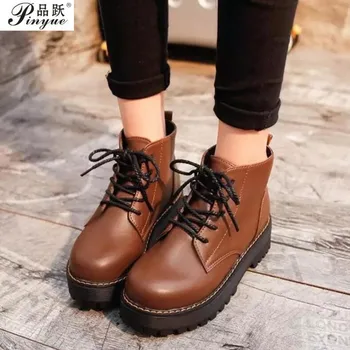 

Winter Fashion Women's Boots Lace Up Calf Round Head Women's Martin Boots Black Mid Heel Square Heel Pu Women Shoe