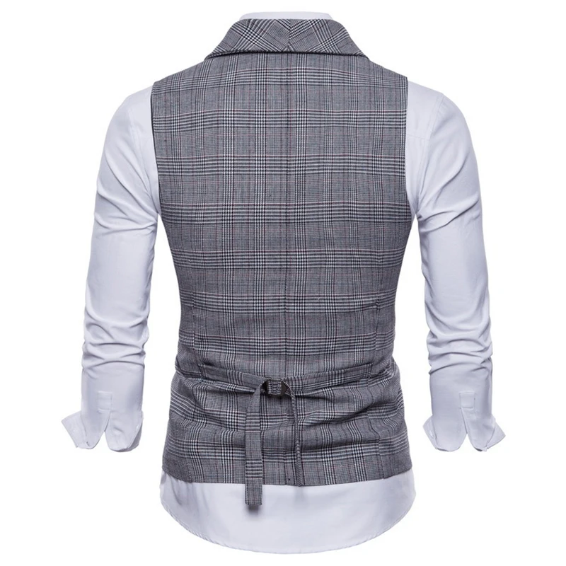 Shenrun Men Vests Autumn Winter Check Waistcoats Formal Casual Slim Vest Shawl Lapel Single Breasted Light Gray Coffee Dark Grey