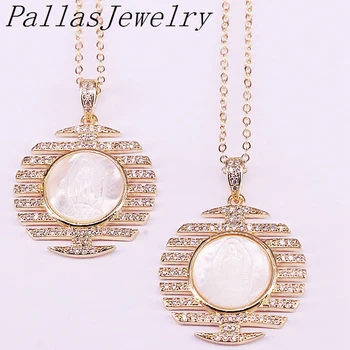 

5Pcs Gold filled Women Necklace,Shell Carve Virgin Mary On Micro Pave CZ Round Pendant,Jesus/Virgin Mary Pendant Religious Jewel