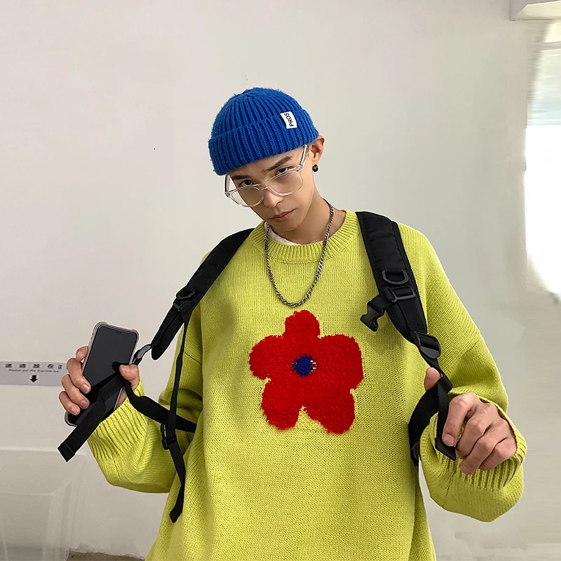 

Men's sweater 2019 autumn and winter new loose warm casual flower sweater lovers shirt youth fashion trend men's clothing