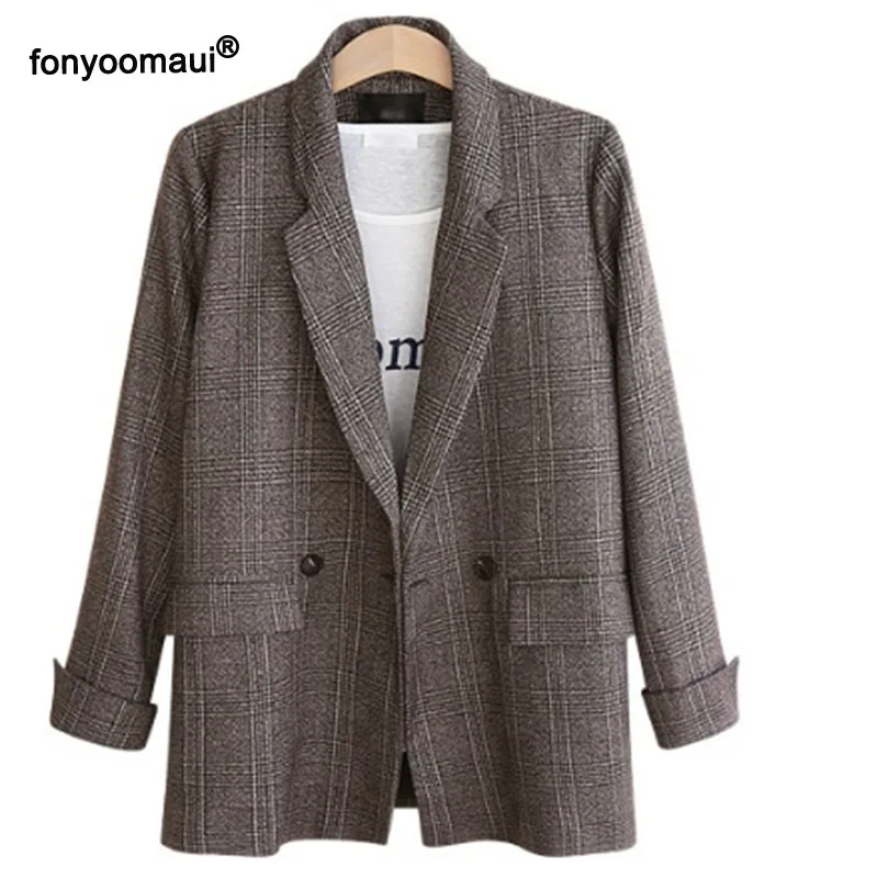 Large Size Autumn New Fashion Office Lady Plaid Blazers Tops Double-breasted Casual Lattice Suits Jacket Coats For Women XL-5XL