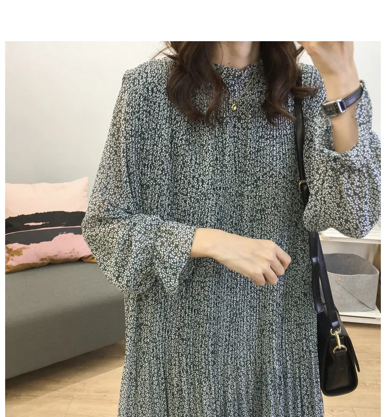 Loose-Fit Stand Collar Floral-Print Chiffon Long-sleeved Dress Autumn And Winter Women's Large Size Slimming Medium-length A- li