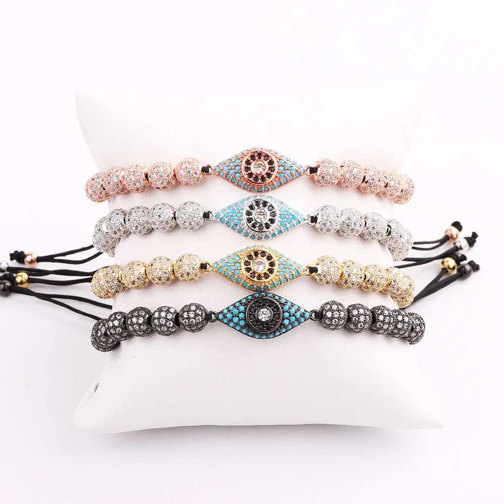 New Design Luxury Blue CZ Micro Pave Ball Eye Charm Stainless Steel Beads Friendship Macrame Adjustable Bacelet Men Women - Image 2