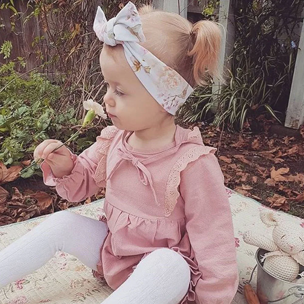 Toddler Newborn Baby Girls free shipping clothes Ruffle long sleeve round neck Bodysuit solid Bandage Hat 2pc autumn Outfits