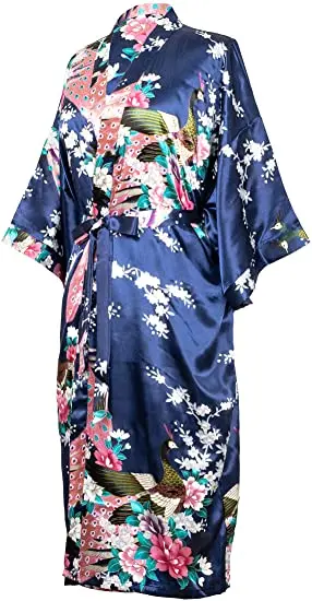 Sexy Female Mini Silk Robe Rayon Kimono Yukata Night Dress Gown Flower &Peacock robe Pijamas Batas De Seda Peignoir Kimono Robe