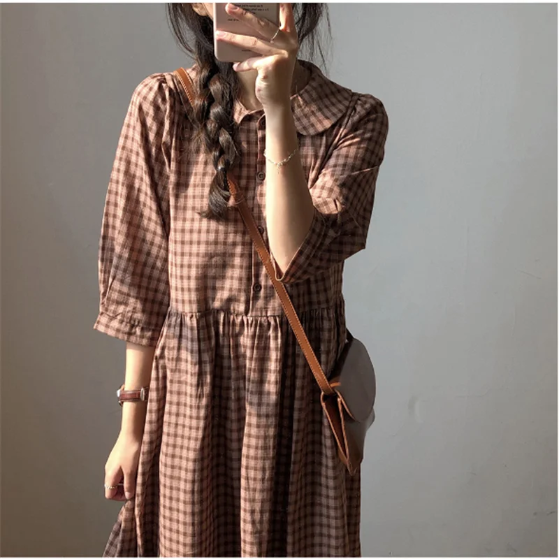 

S XL Plus Size New Spring Dress Girls Boho cotton Female Vintage Dress plaid Print Long Sleeve Women Dresses Long Robe Vestido