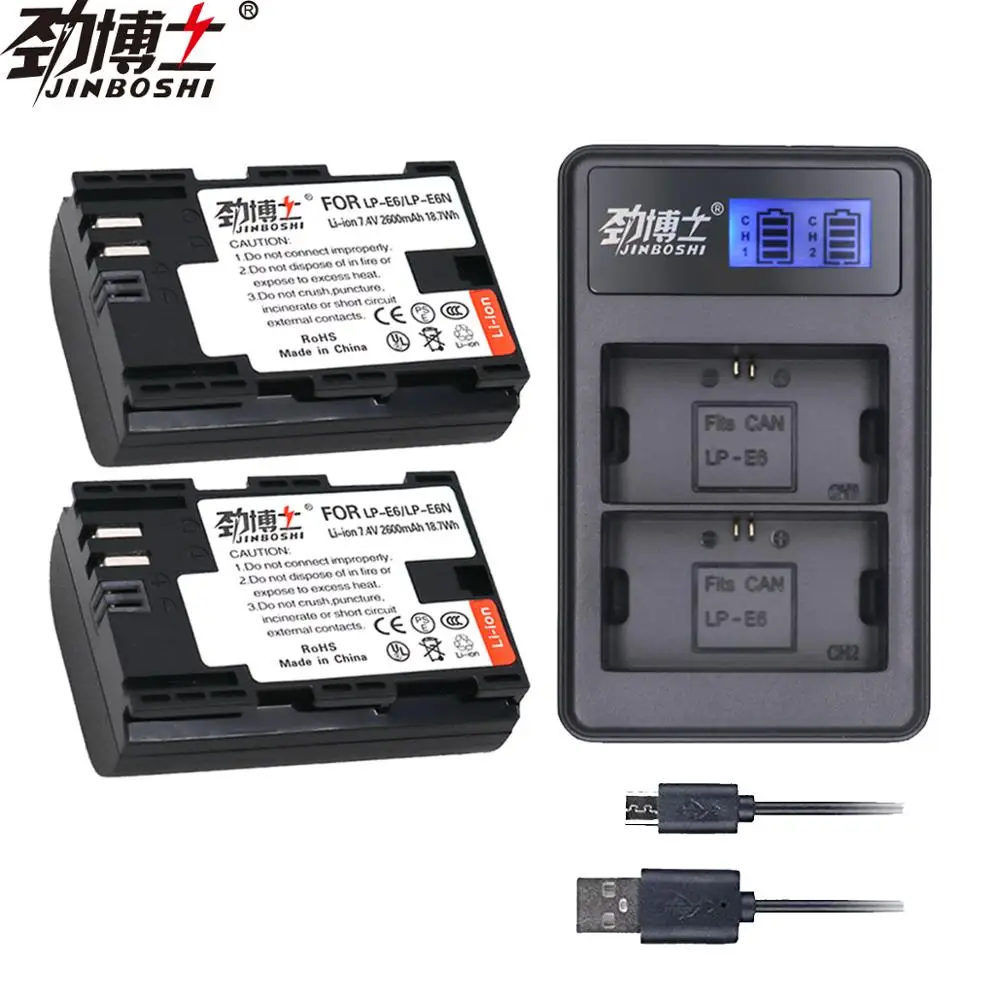 

2x LP E6 LPE6 LP-E6 E6N Battery 2600mAh + LCD Dual Charger For Canon EOS 5DS R 5D Mark II 5D Mark III 6D 7D 80D EOS 5DS R Camera