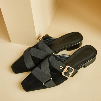 

Cow leather low square heels casual shoes woman slippers square toe cross buckle shoes woman Mules Slipper ladies Shoes