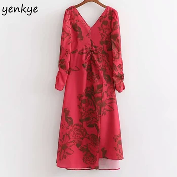 

Women Vintage Floral Print Red Asymmetric Dress Fashion Lady Long Sleeve V Neck Draped Hem Slits Long Dress XDWM2664