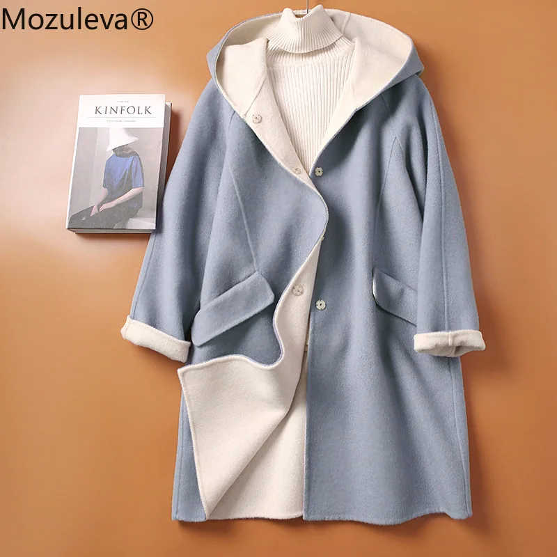 

Mozuleva 2021 Handmade Woolen Coat Women's Fashion Hooded Overcoat Wool Winter Regular Winter Clothes for Women