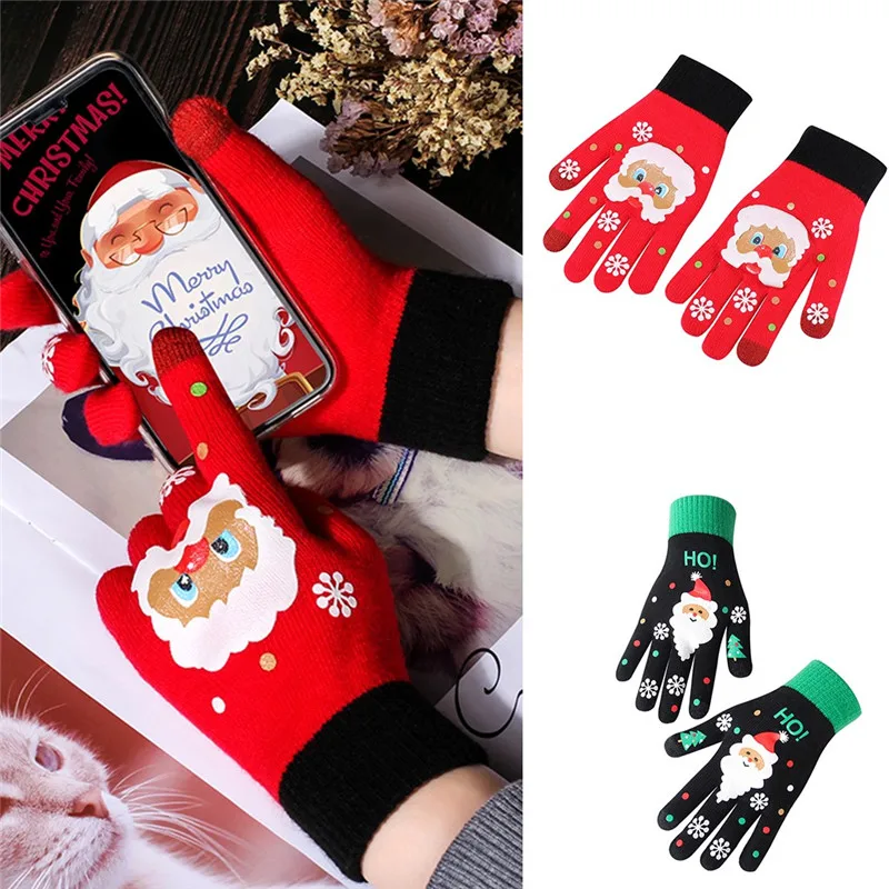 Вязаные перчатки женские рождественские перчатки Санта теплые зимние перчатки Рождественские теплые и Плюшевые Вязаные перчатки красный Санта принт CD